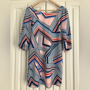 Pink Owl Geometric Boat Neck‎ 3/4 Sleeve Mini Dress Small